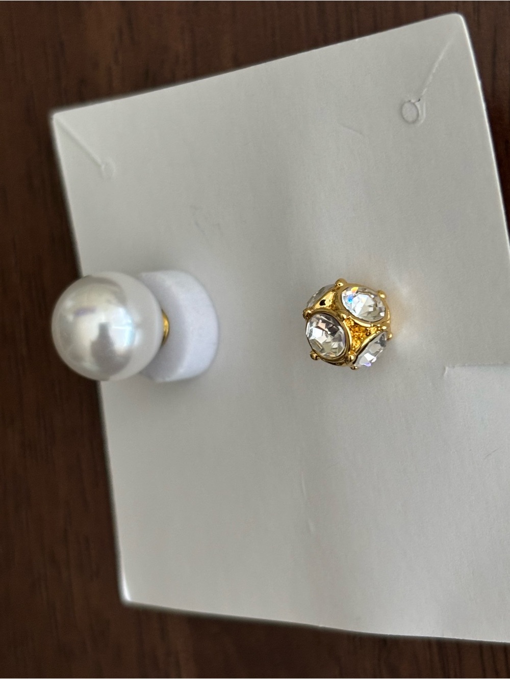 Classic White Pearl Stud Earrings & gold and clear crystals on the other side